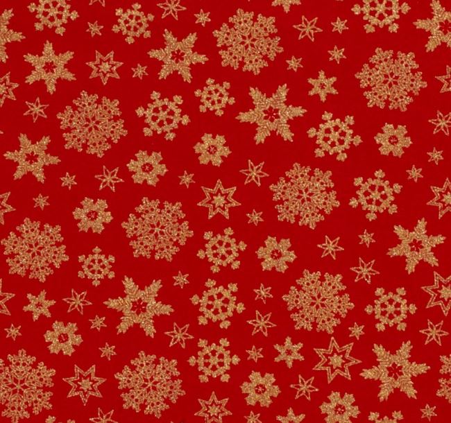 Vánoční látka z bavlny v červené barvě s potiskem zlatých sněhových vloček 20708/015