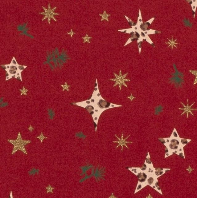 Vánoční látka z bavlny v tmavě červené barvě s potiskem hvězd 18705/016