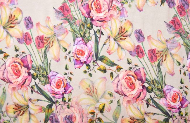 Bavlněný úplet v béžové barvě s digitálním potiskem květin S1458R-187708