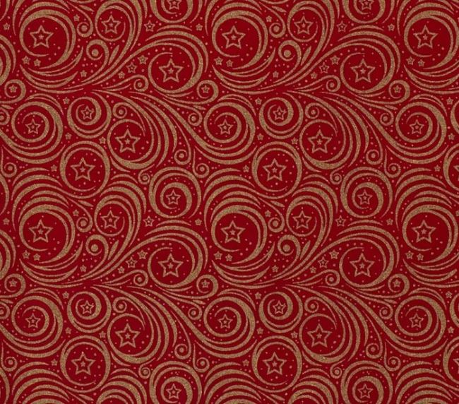 Vánoční látka z bavlny v červené barvě se zlatými hvězdami 14701/015