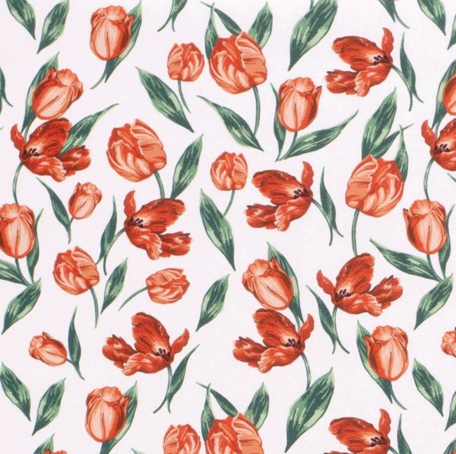 Popelín v bílé barvě s potiskem červených tulipánů 19749/050