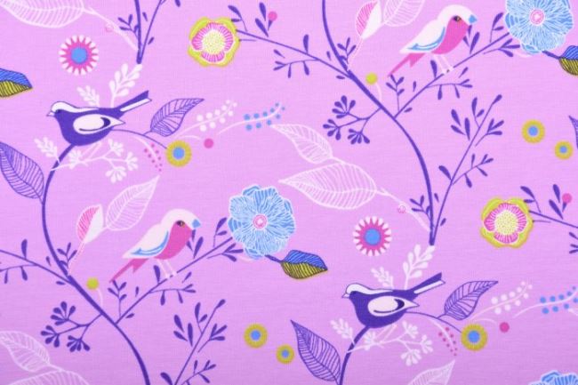 Bavlněný úplet s Oeko-Tex v lila barvě s malovanými květy a ptáčky 131.557/3001