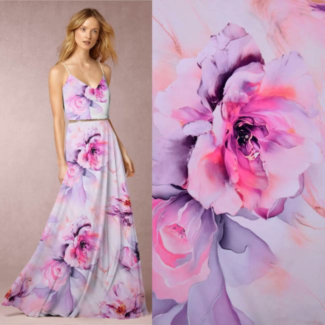 Umělé hedvábí Silky v růžové barvě s digitálním potiskem květin NL-CS3754C