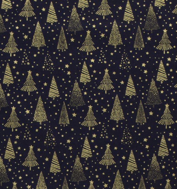 Vánoční látka z bavlny v modré barvě s potiskem zlatých stromů 20710/008