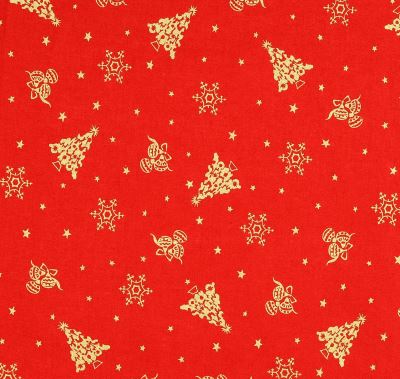 Vánoční látka z bavlny v červené barvě se zlatým potiskem 209494.5019