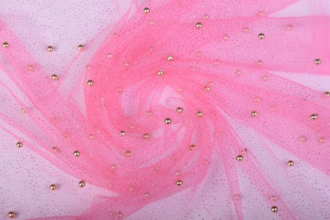 Tyl v růžové barvě s třpytkami a perličkami 10328/013