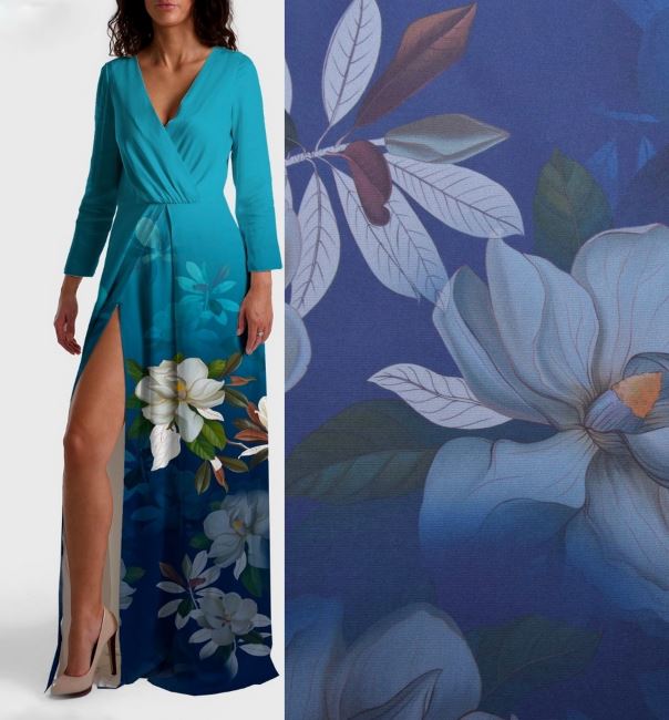 Satén Armani v modré barvě s digitálním potiskem květin CS10189B3