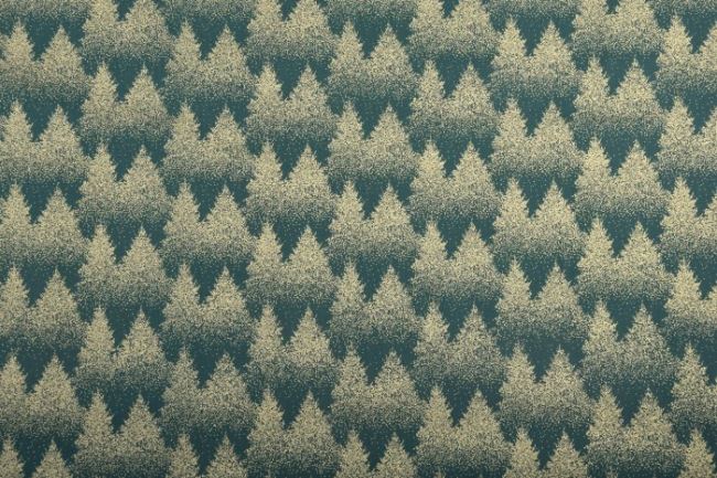 Vánoční látka z bavlny v zelené barvě se zlatými stromky 12709/025