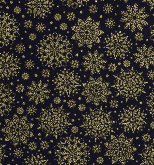 Vánoční látka z bavlny v modré barvě s potiskem zlatých sněhových vloček 20712/008
