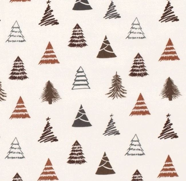 Vánoční látka z bavlny ve smetanové barvě s potiskem stromů 18703/051
