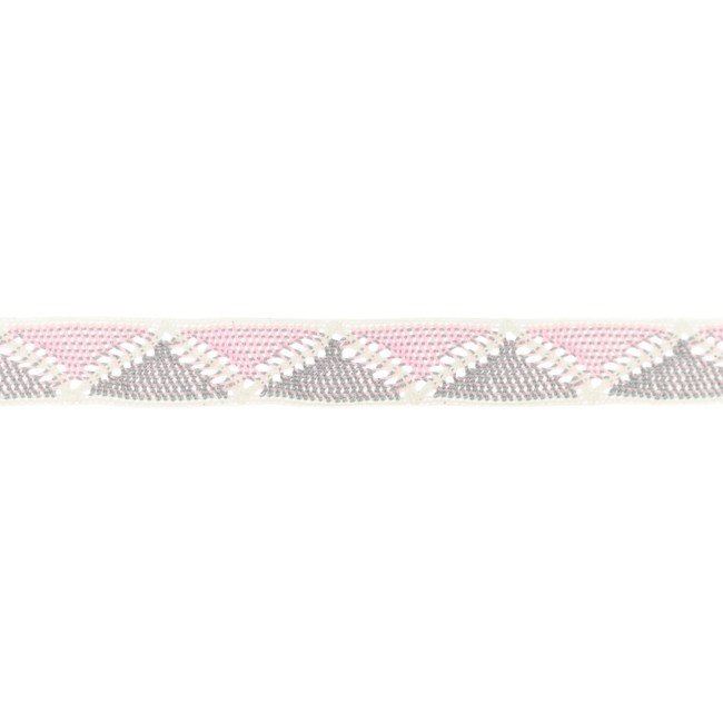 Bavlněná tkaná stuha s cik-cak vzorem v šedé a růžové barvě 33205