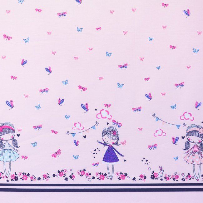 Bavlněná látka v růžové barvě s potiskem holčiček a motýlů 61700