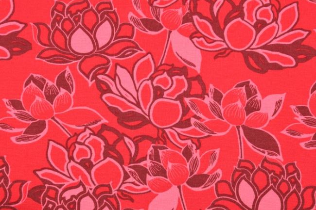 Počesaná teplákovina v červené barvě s květy 990.274.0002