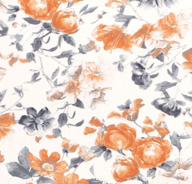 Viskózový úplet ve smetanové barvě s potiskem oranžových květin 17048/037