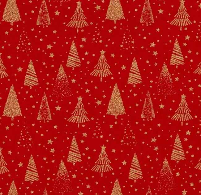 Vánoční látka z bavlny v červené barvě s potiskem zlatých stromů 20710/015