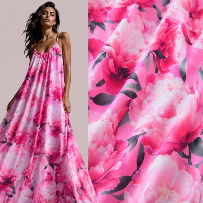 Umělé hedvábí Silky v růžové barvě s potiskem květin CS13166C