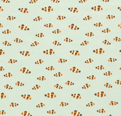 Bavlněný úplet v mentolové barvě s potiskem rybiček 17690/021 Bavlněný úplet v mentolové barvě s potiskem rybiček 17690/021