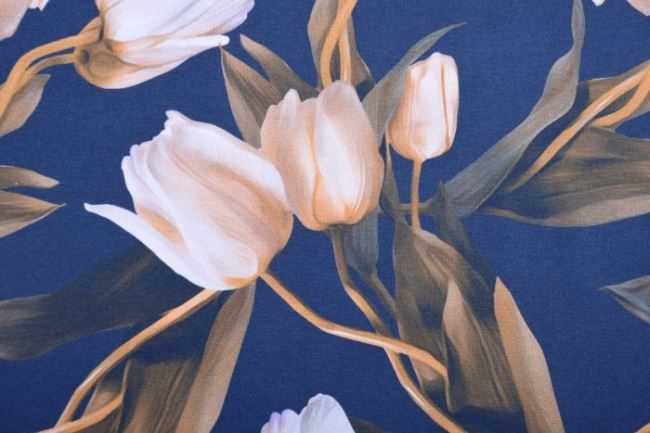 Bavlněný úplet v tmavě modré barvě s digitálním potiskem tulipánů 13903-15