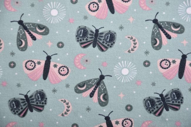 Bavlněný úplet v šedomodré barvě s potiskem malovaných motýlků 16627/022
