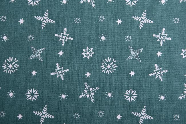 Vánoční látka z bavlny v zelené barvě s potiskem sněhových vloček K15026-025D