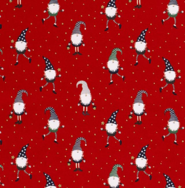 Vánoční látka z bavlny v červené barvě s potiskem skřítka 20732/015