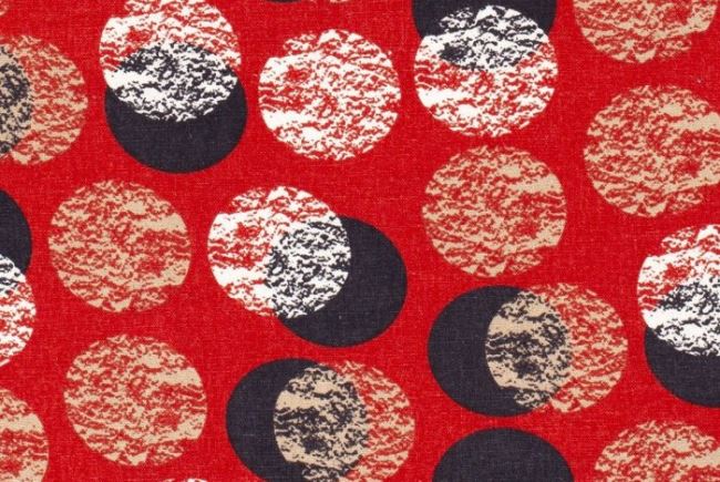 Viskózová látka s příměsí lnu v červené barvě s puntíky 15248/057