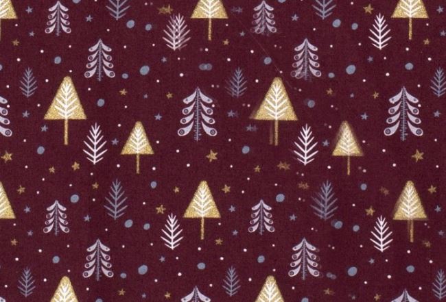 Vánoční látka z bavlny ve vínové barvě s potiskem stromků 16711/018