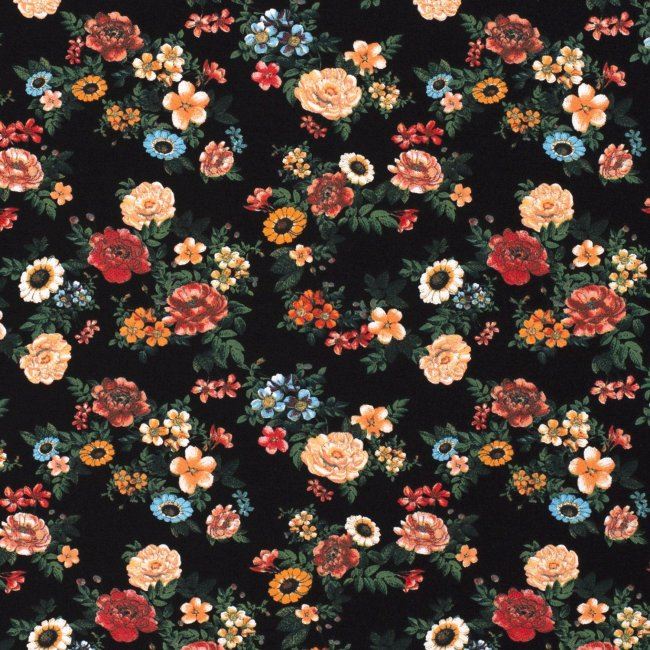 Bavlněný úplet v černé barvě s potiskem květin 15329/069