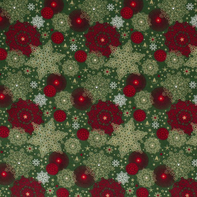 Vánoční látka z bavlny v zelené barvě s potiskem vánočních hvězd 14702/025