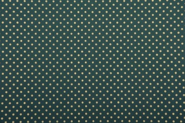 Vánoční látka z bavlny v tmavě zelené barvě se zlatým puntíkem 12701/025