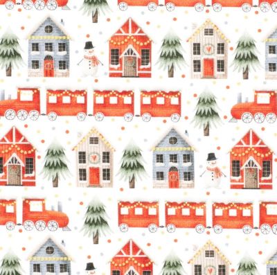 Počesaná teplákovina v bílé barvě s digitálním vánočním potiskem domů a vlaků 22714/050 Počesaná teplákovina v bílé barvě s digitálním vánočním potiskem domů a vlaků 22714/050