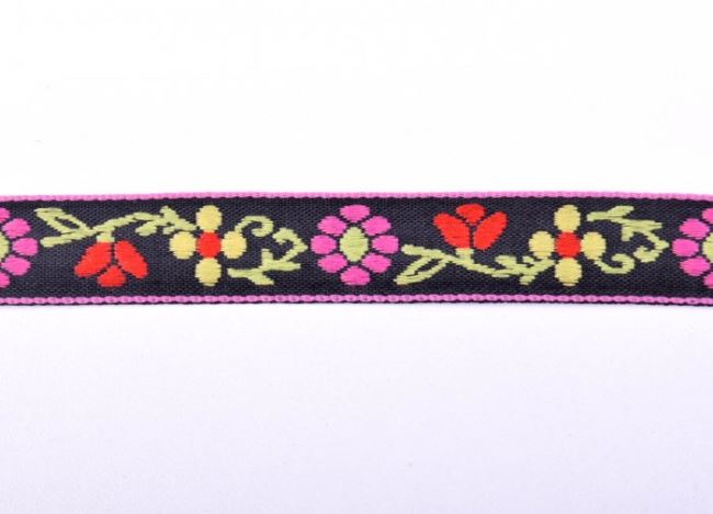 Ozdobná tkaná stuha v černé barvě s květy 30115