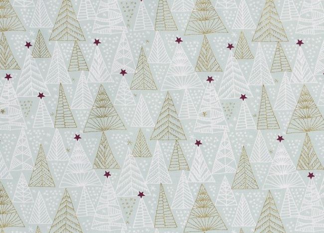 Vánoční látka z bavlny v mentolové barvě s potiskem stromečků 16716/022