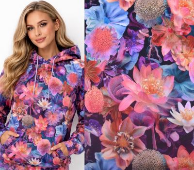 Počesaná teplákovina French Terry s digitálním potiskem květin 212329.0001