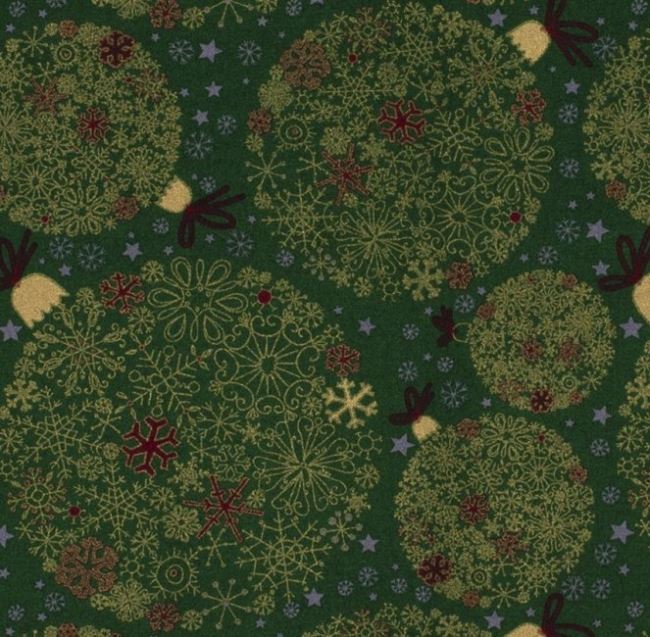 Vánoční látka z bavlny v tmavě zelené barvě s potiskem vloček 14704/025