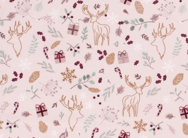 Vánoční látka z bavlny v růžové barvě s potiskem jelena s dárky 18723/011