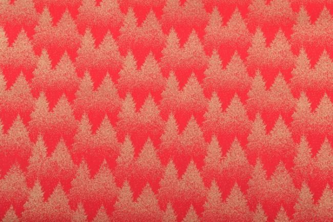Vánoční látka z bavlny v červené barvě se zlatými stromky 12709/015