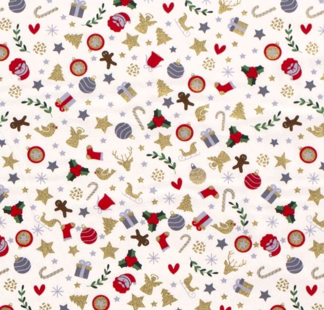 Vánoční látka z bavlny ve smetanové barvě s drobným potiskem 18731/051