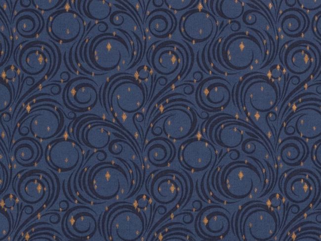 Vánoční látka z bavlny v modré barvě s potiskem ornamentů 18726/006
