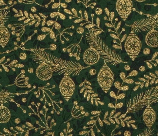 Vánoční látka z bavlny v zelené barvě s potiskem větivček a ozdob 18733/025