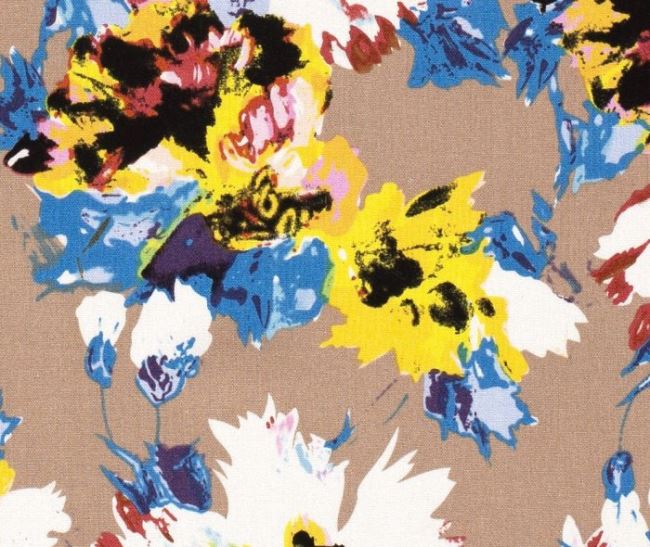 Viskózová látka s příměsí lnu v béžové barvě s barevnými květy 15250/052