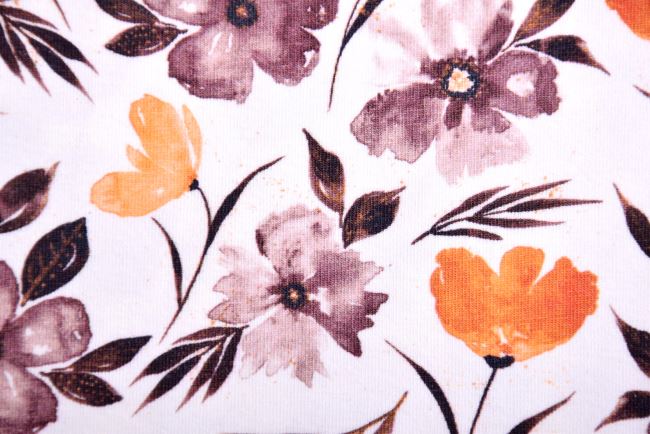 Bavlněný úplet ve smetanové barvě s digitálním potiskem podzimních květin 186521