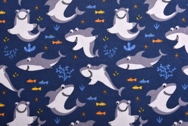 Bavlněný úplet v modré barvě s potiskem žraloka 16597/008