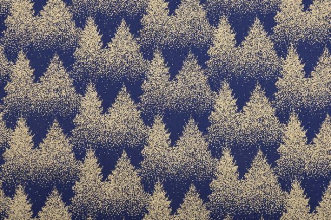 Vánoční látka z bavlny v tmavě modré barvě se zlatými stromky 12709/008