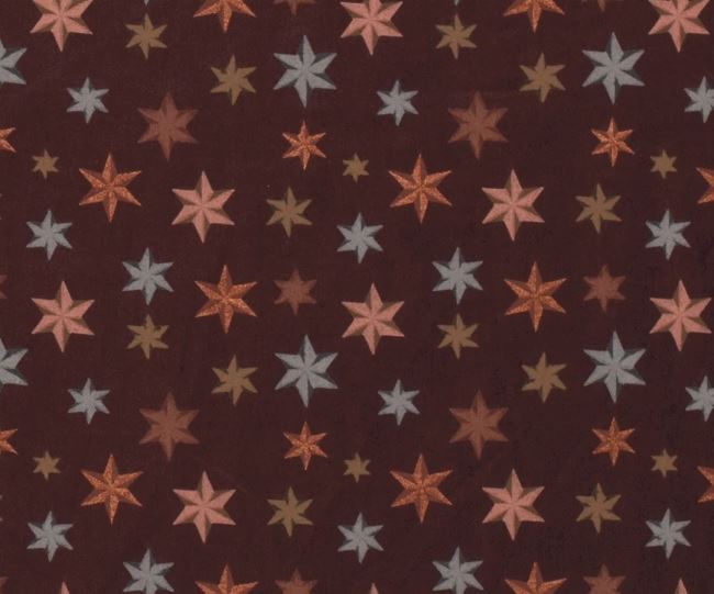 Vánoční látka z bavlny v hnědé barvě s potiskem hvězdiček 18702/055