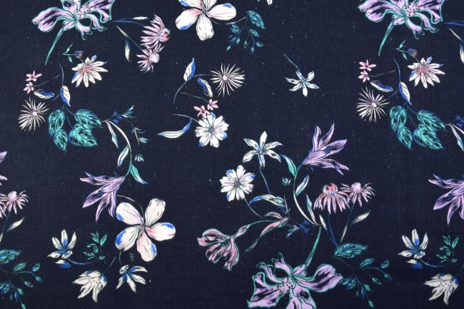 Bavlněná halenkovina/šatovka v tmavě modré barvě s potiskem květin MAR290
