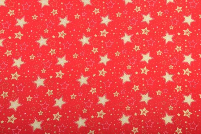 Vánoční látka z bavlny v červené barvě se zlatými hvězdičkami 12715/015