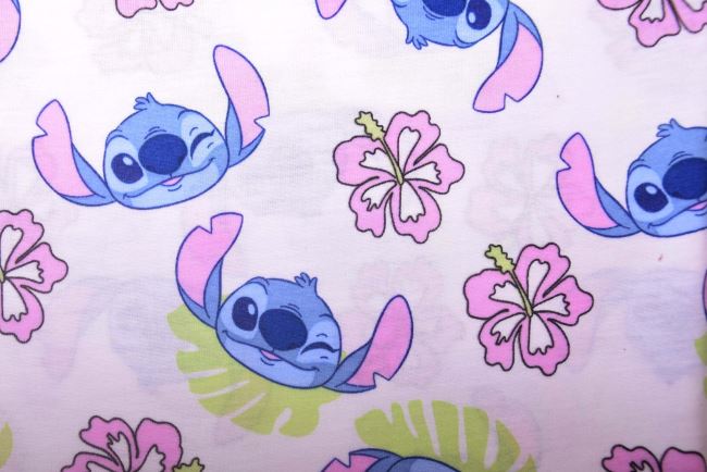 1 m bavlněného úpletu v bílé barvě s pohádkovou postavou Stitch DS-KUP147