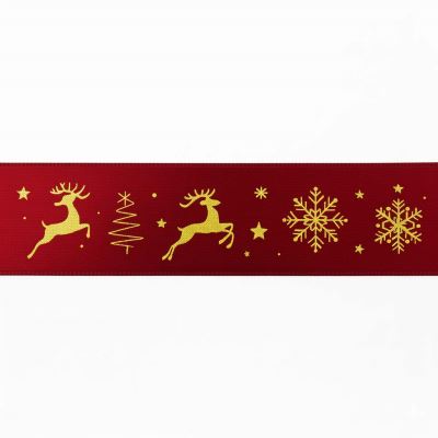 Saténová vánoční stuha v červené barvě s vánočním potiskem 15 mm I-TM0-CP2405-148