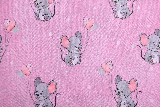 Bavlněný úplet v růžové  barvě s potiskem myší 182791